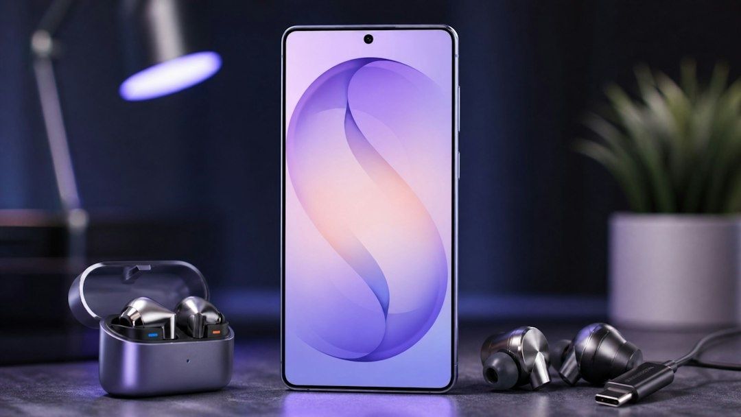 Produktbild hemma med smartphone, trådlösa hörlurar och laddningsfodral